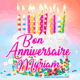 A white birthday cake covered in colorful sprinkles, topped with bright candles, and French text 'Bon Anniversaire Myriam' on a pastel gradient background in an animated GIF.