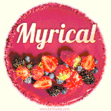 Beautifully decorated red velvet berry birthday cake with vibrant fruits and a glowing 'Myrical' name, adding a touch of sweetness and sparkle.