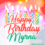 Bright birthday candles with rainbow flames on a cake, alongside the text 'Happy Birthday Myrna' in vibrant script in this celebratory animated GIF.