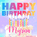 Animated Happy Birthday Cake with Name Myrna and Burning Candles