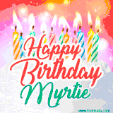 Bright birthday candles with rainbow flames on a cake, alongside the text 'Happy Birthday Myrtie' in vibrant script in this celebratory animated GIF.