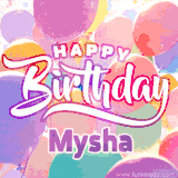 A vibrant name GIF featuring colorful balloons in shades of pink, orange, and yellow with the bold text 'Happy Birthday Mysha' in festive fonts, creating a lively birthday vibe.