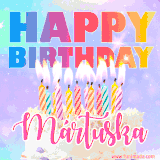 A vibrant animated name GIF with the words 'Happy Birthday Mártuska' with colorful candles on a creamy cake. The background sparkles with pastel shades, adding a festive touch.
