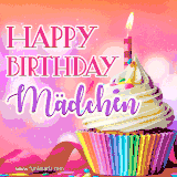 A vibrant birthday GIF featuring a rainbow-colored cupcake topped with white frosting, sprinkles, and a lit candle. The text reads 'Happy Birthday Mädchen' in bold pink and violet letters with white outline.