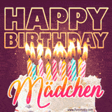 A colorful birthday cake topped with lit candles, with the words 'Happy Birthday Mädchen' in bold glowing letters on a burgundy background. Animated flames add a festive touch.