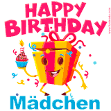 A vibrant and funny gift box character with a happy face dancing with a cupcake and the text 'Happy Birthday Mädchen,' surrounded by animated confetti and party vibes.