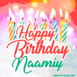 Bright birthday candles with rainbow flames on a cake, alongside the text 'Happy Birthday Naamiy' in vibrant script in this celebratory animated GIF.