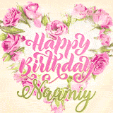 A stunning heart made of pink roses surrounds the elegant script text 'Happy Birthday Naamiy' on a soft beige background. Animated sparkles add a magical and festive feel.