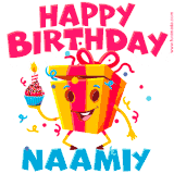 A vibrant and funny gift box character with a happy face dancing with a cupcake and the text 'Happy Birthday Naamiy,' surrounded by animated confetti and party vibes.