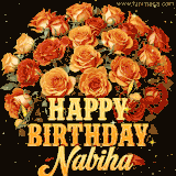 Animated bouquet of orange roses with moving butterfles and golden 'Happy Birthday Nabiha' text, surrounded by sparkling accents and a dark backdrop for a luxurious feel.