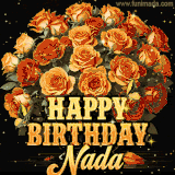 Animated bouquet of orange roses with moving butterfles and golden 'Happy Birthday Nada' text, surrounded by sparkling accents and a dark backdrop for a luxurious feel.