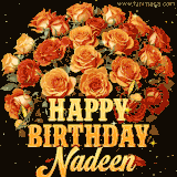 Animated bouquet of orange roses with moving butterfles and golden 'Happy Birthday Nadeen' text, surrounded by sparkling accents and a dark backdrop for a luxurious feel.