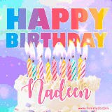 A vibrant animated name GIF with the words 'Happy Birthday Nadeen' with colorful candles on a creamy cake. The background sparkles with pastel shades, adding a festive touch.