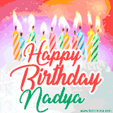 Bright birthday candles with rainbow flames on a cake, alongside the text 'Happy Birthday Nadya' in vibrant script in this celebratory animated GIF.