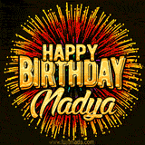 Golden 'Happy Birthday Nadya' text accompanied by animated rainbow fireworks for a festive animated greeting.