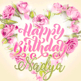 A stunning heart made of pink roses surrounds the elegant script text 'Happy Birthday Nadya' on a soft beige background. Animated sparkles add a magical and festive feel.