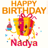 A vibrant and funny gift box character with a happy face dancing with a cupcake and the text 'Happy Birthday Nadya,' surrounded by animated confetti and party vibes.