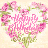 A stunning heart made of pink roses surrounds the elegant script text 'Happy Birthday Nafré' on a soft beige background. Animated sparkles add a magical and festive feel.