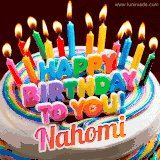 A colorful birthday cake topped with lit candles, with the words 'Happy Birthday Nahomi' in bold glowing letters on a burgundy background. Animated flames add a festive touch.