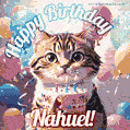 Happy birthday gif for Nahuel with cat and cake