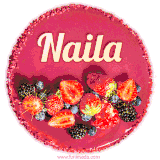 Beautifully decorated red velvet berry birthday cake with vibrant fruits and a glowing 'Naila' name, adding a touch of sweetness and sparkle.