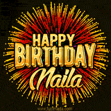 Golden 'Happy Birthday Naila' text accompanied by animated rainbow fireworks for a festive animated greeting.
