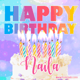 A vibrant animated name GIF with the words 'Happy Birthday Naila' with colorful candles on a creamy cake. The background sparkles with pastel shades, adding a festive touch.