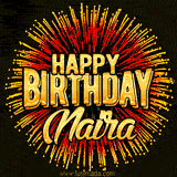 Golden 'Happy Birthday Naira' text accompanied by animated rainbow fireworks for a festive animated greeting.