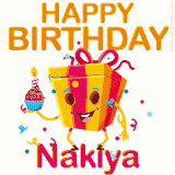 A vibrant and funny gift box character with a happy face dancing with a cupcake and the text 'Happy Birthday Nakiya,' surrounded by animated confetti and party vibes.