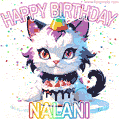 Cute cosmic cat with a birthday cake for Nalani surrounded by a shimmering array of rainbow stars