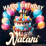 Bright birthday animation for Nalani with a chocolate cake, candles, balloons, and glowing celebratory lights.