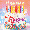 Personalized for Nalani elegant birthday cake adorned with rainbow sprinkles, colorful candles and glitter