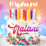 A cheerful white birthday cake with multicolor sprinkles, lit candles, and 'Nalani' written in vibrant letters, in an animated GIF.