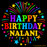 Personalized greeting card with name, colorful text that says 'Happy Birthday Nalani' surrounded by animated fireworks and multicolor stars