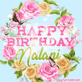 A charming animated GIF featuring 'Happy Birthday Nalani' in pink and green text, surrounded by delicate roses, leaves, and fluttering butterflies on a soft light blue pastel background.