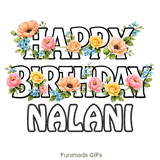 Happy Birthday Nalani written in bold outline letters decorated with colorful flowers