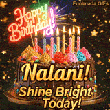 Bold golden lettering spelling Nalani! on a gourmet chocolate cake decorated with small colorful candies at the base.