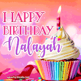 A vibrant birthday GIF featuring a rainbow-colored cupcake topped with white frosting, sprinkles, and a lit candle. The text reads 'Happy Birthday Nalayah' in bold pink and violet letters with white outline.