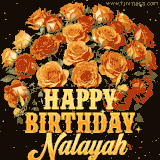 Animated bouquet of orange roses with moving butterfles and golden 'Happy Birthday Nalayah' text, surrounded by sparkling accents and a dark backdrop for a luxurious feel.