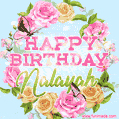 A charming animated GIF featuring 'Happy Birthday Nalayah' in pink and green text, surrounded by delicate roses, leaves, and fluttering butterflies on a soft light blue pastel background.
