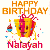 A vibrant and funny gift box character with a happy face dancing with a cupcake and the text 'Happy Birthday Nalayah,' surrounded by animated confetti and party vibes.