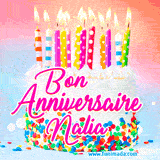 A white birthday cake covered in colorful sprinkles, topped with bright candles, and French text 'Bon Anniversaire Nalia' on a pastel gradient background in an animated GIF.