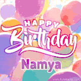 A vibrant name GIF featuring colorful balloons in shades of pink, orange, and yellow with the bold text 'Happy Birthday Namya' in festive fonts, creating a lively birthday vibe.