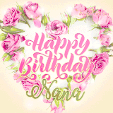 A stunning heart made of pink roses surrounds the elegant script text 'Happy Birthday Nana' on a soft beige background. Animated sparkles add a magical and festive feel.