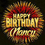 Golden 'Happy Birthday Nancy' text accompanied by animated rainbow fireworks for a festive animated greeting.
