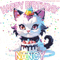 Cute cosmic cat with a birthday cake for Nancy surrounded by a shimmering array of rainbow stars