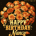 Beautiful bouquet of orange and red roses for Nancy, golden inscription and twinkling stars
