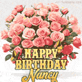 Birthday wishes to Nancy with a charming GIF featuring pink roses, butterflies and golden quote
