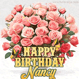 Golden 'Happy Birthday Nancy' text beneath a vibrant bouquet of orange roses, complete with glittering butterflies and sparkling details.