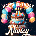 Hand-drawn happy birthday cake adorned with an arch of colorful balloons - name GIF for Nancy